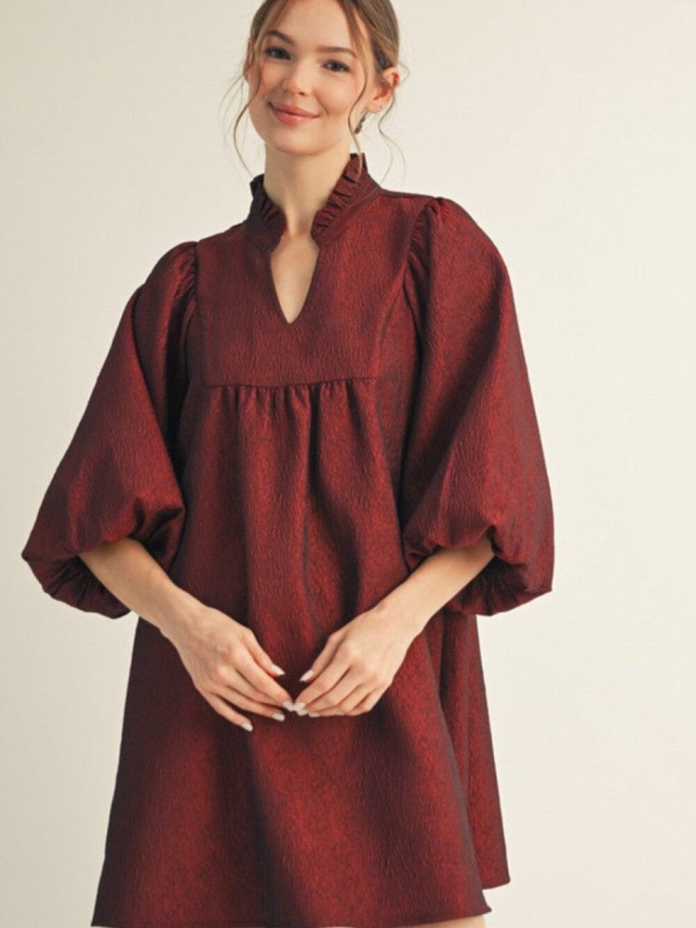 NWT Jodifl Women Size Small Solid Textured Fabric Puff Sleeve Babydoll Dress NEW